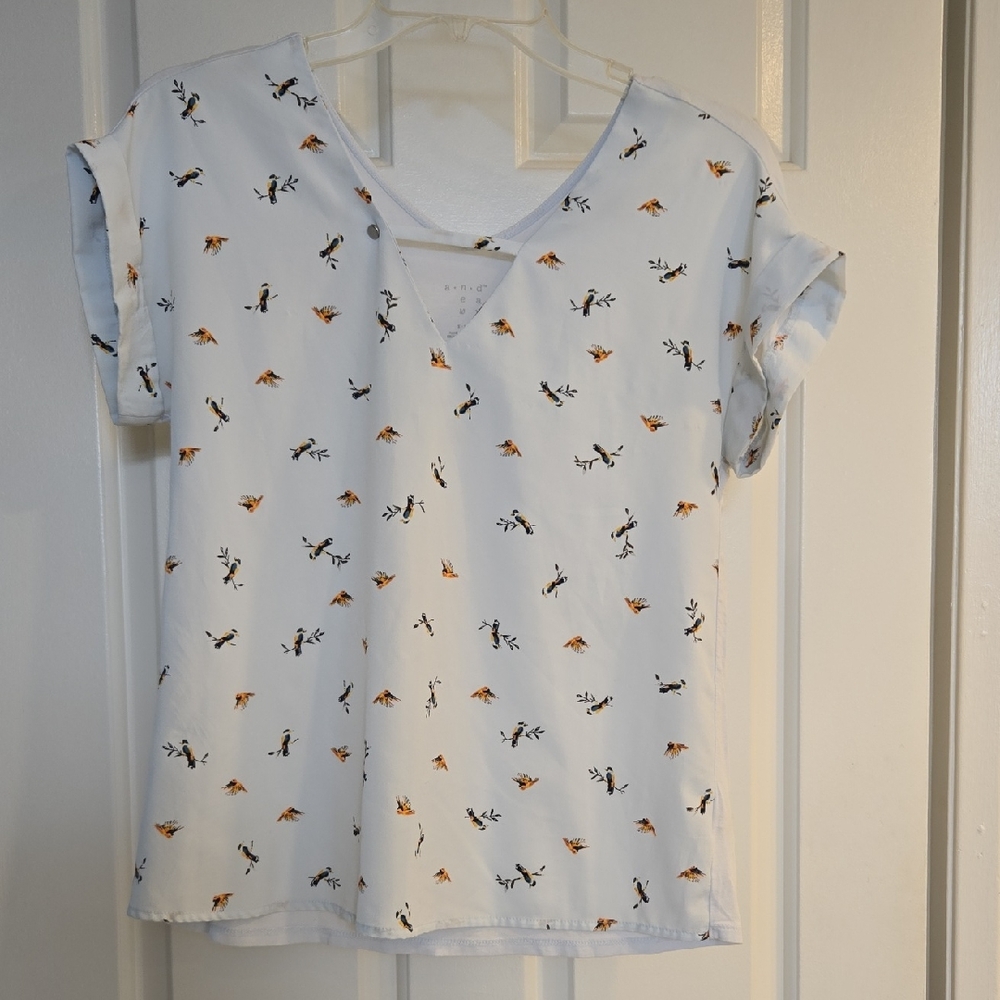 Whimsical Ice Blue And White Keyhole Blouse With Birds